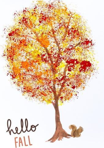 A painted colorful fall tree with a squirrel and the words Hello Fall